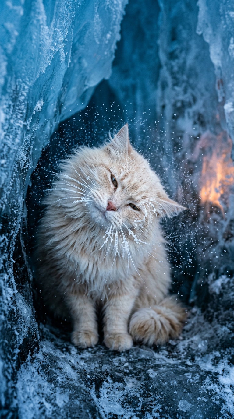 A fluffy cream-colored cat with wet fur shaking off droplets in a frosty cavern