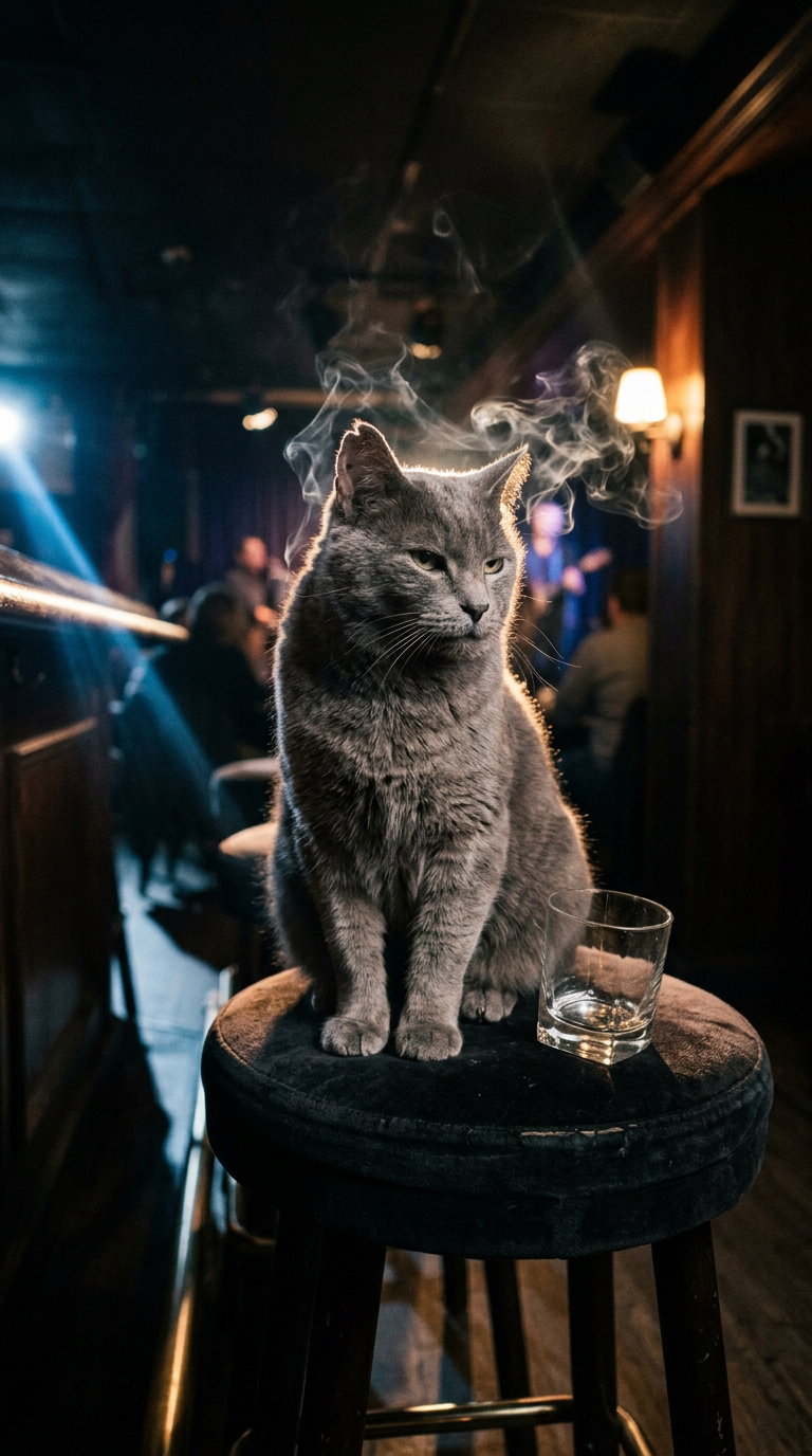 A gray cat sitting on a stool in a dimly lit bar, with steam rising around it and a glass beside it.