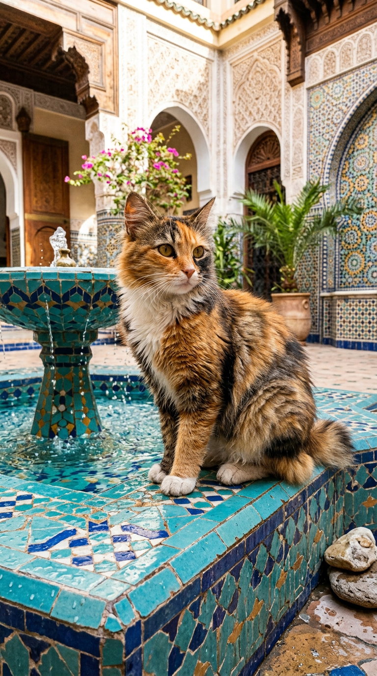 A calico cat sitting beside a tiled fountain in a beautifully decorated Moroccan courtyard, surrounded by plants and intricate architectural designs.