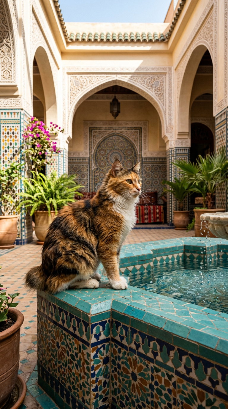 A calico cat sitting beside a turquoise tiled fountain in a beautifully designed Moroccan courtyard, surrounded by potted plants.