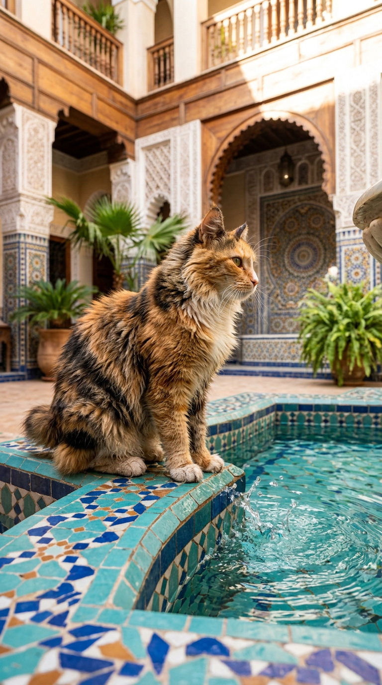 A furry cat sits on the edge of a fountain, surrounded by vibrant tile patterns and lush greenery.