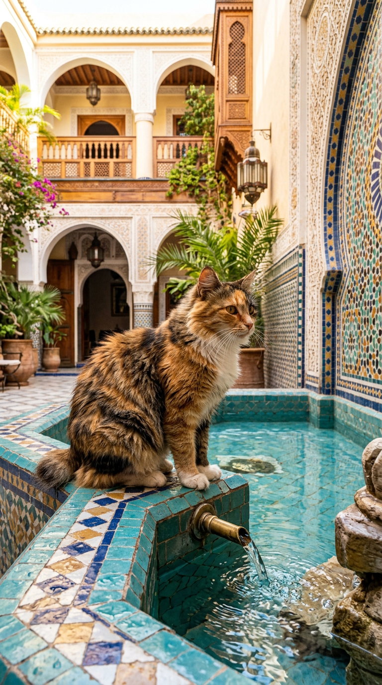 A calico cat sits on the edge of a blue-tiled fountain surrounded by lush greenery and intricate architecture in a Moroccan courtyard.