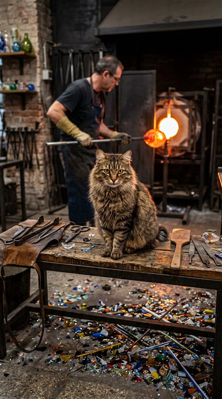 A fluffy brown cat sitting on a workbench covered with tools and colorful glass fragments, while a craftsman blows glass in the background.