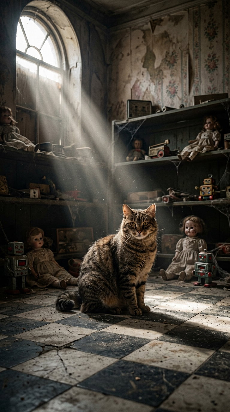 A tabby cat sitting on a checkered floor in a dimly lit, abandoned room filled with dusty dolls and old toys. Rays of light stream through a window, casting a warm glow on the cat.
