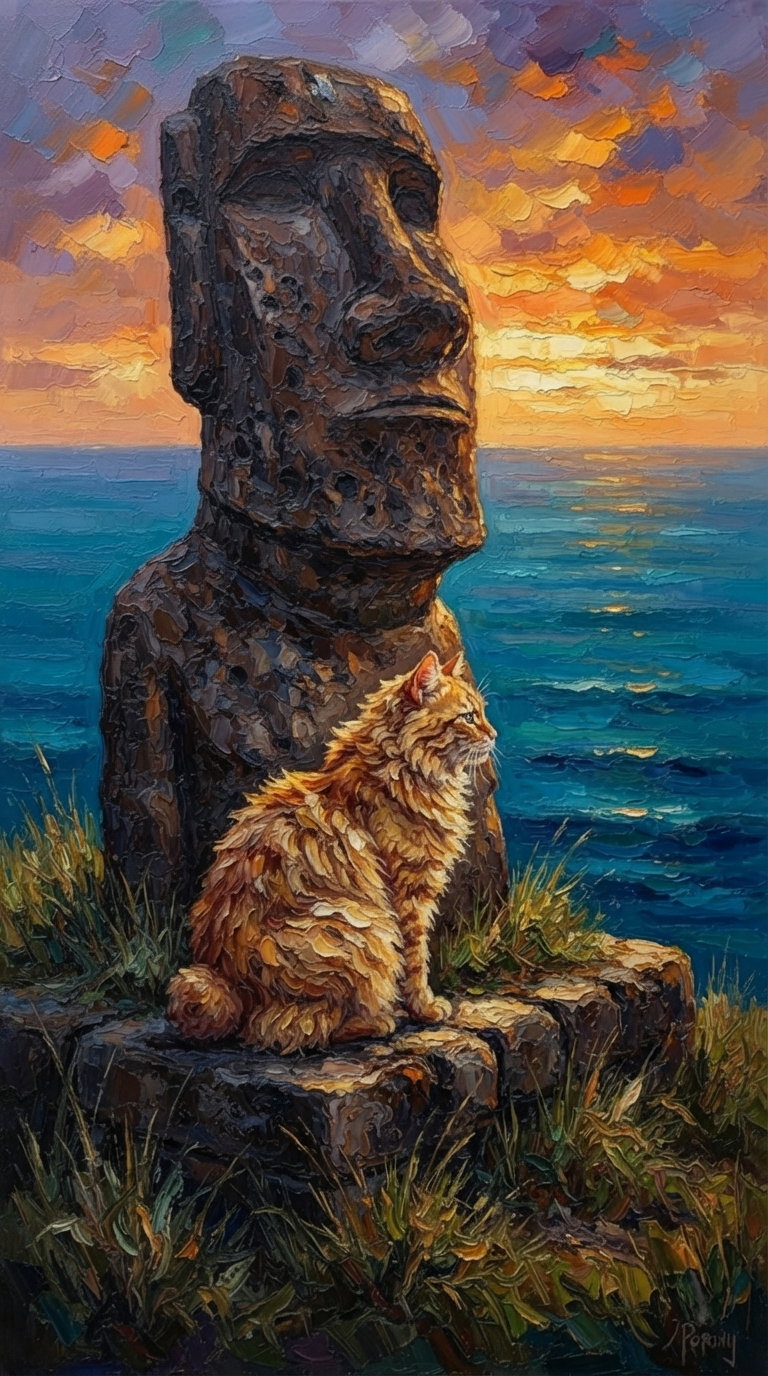 A furry orange cat sitting on a rocky ledge overlooking the ocean at sunset, with an Easter Island statue beside it.