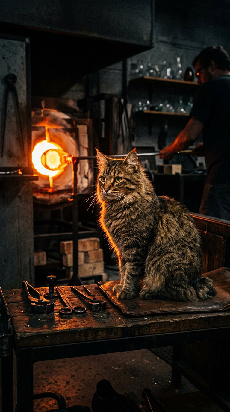A fluffy brown tabby cat sitting on a wooden table in a workshop, with a glowing furnace in the background.
