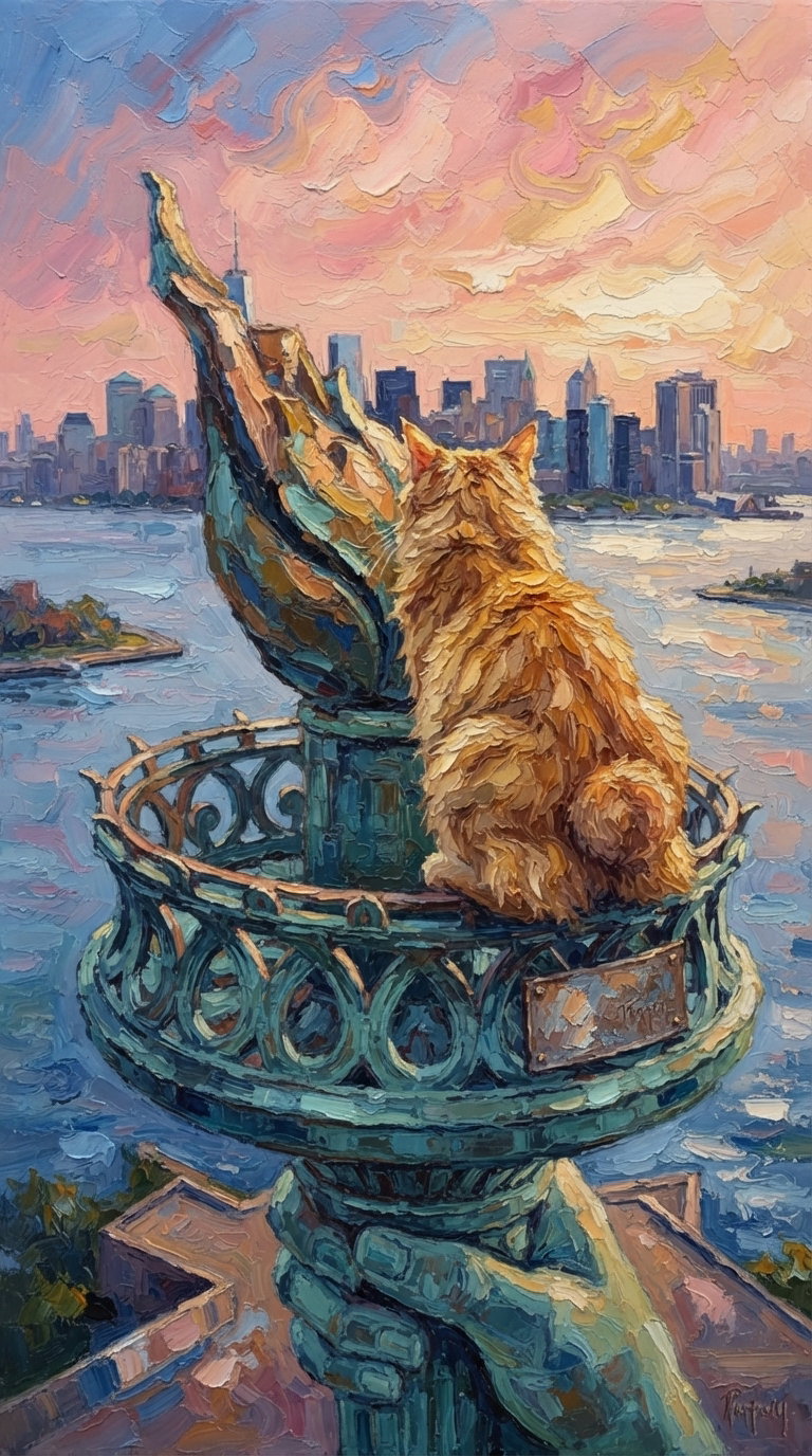 An orange cat sitting on the torch of the Statue of Liberty, with a vibrant sunset and skyline in the background.