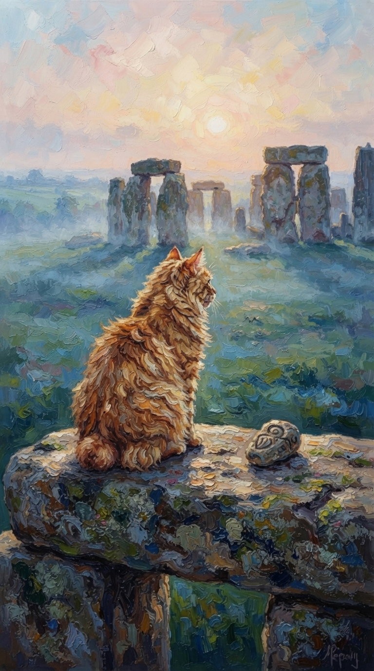 A fluffy orange cat sits calmly on a stone structure, gazing at a misty landscape with Stonehenge in the background under a rising sun.