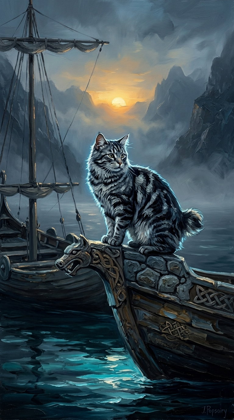 A striped cat with a bobbed tail is positioned on the front of a ship, with a dramatic sunset in the background illuminating the mountains and sea.
