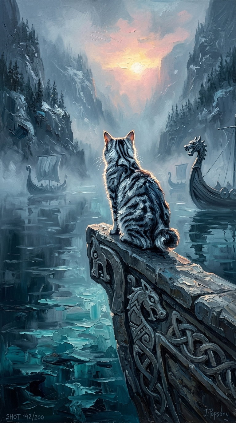 A silver-striped American Bobtail cat sitting on a boat's edge, facing a tranquil water scene with ships in the distance and a breathtaking sunset illuminating the mountains.