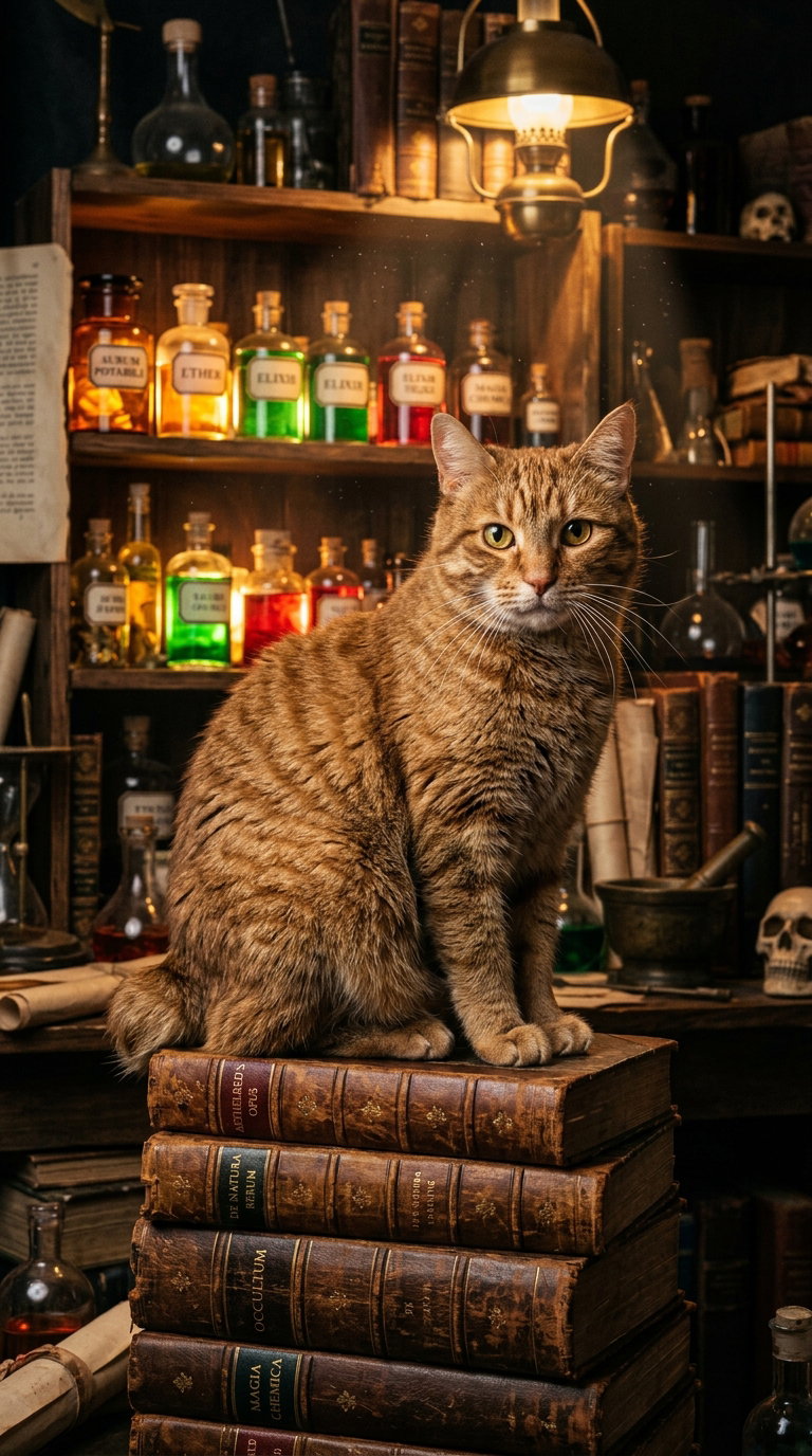 An orange cat sitting atop a stack of old books in a dimly lit room filled with vintage bottles and jars.