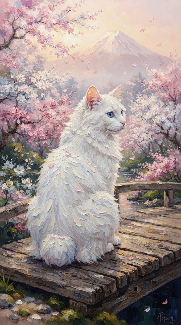 A fluffy white cat sitting on a wooden bridge surrounded by cherry blossoms with a mountain in the background.