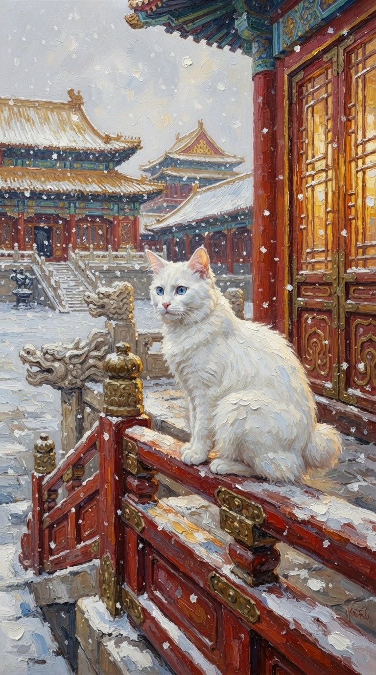 A fluffy white cat sitting on a red railing in front of traditional Asian architecture, with snow gently falling.