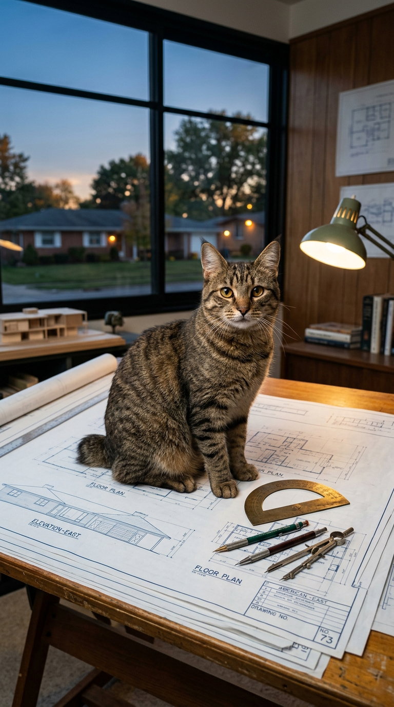 A tabby cat sitting on blueprints and architectural tools on a desk, with a warm glow from a lamp and a sunset visible through a window.