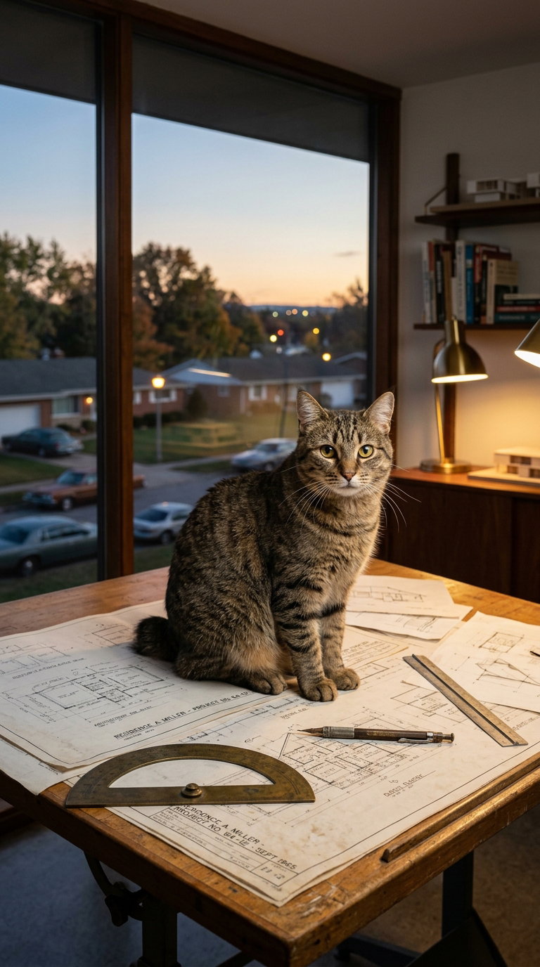 A tabby cat sitting on a wooden desk covered with architectural plans, with a window view of a sunset and city street outside.