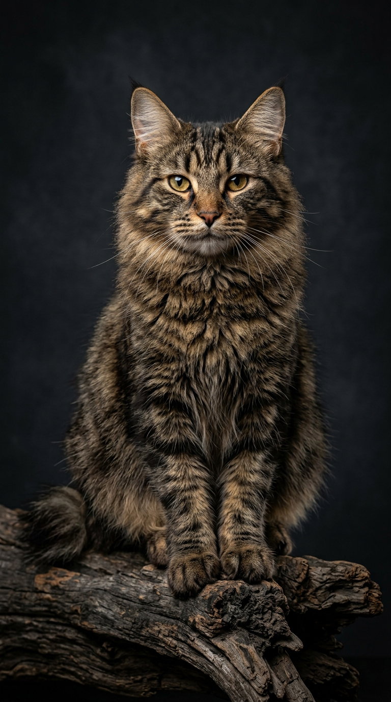 A brown and black striped cat with tufted ears, sitting elegantly on a log against a dark background, displaying a confident expression.