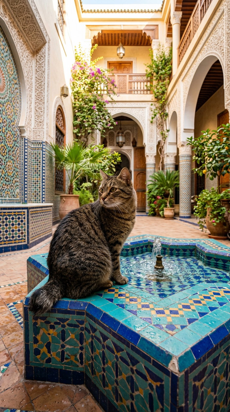 A tabby cat sitting on a tiled fountain in a colorful courtyard filled with plants and traditional Moroccan architecture.