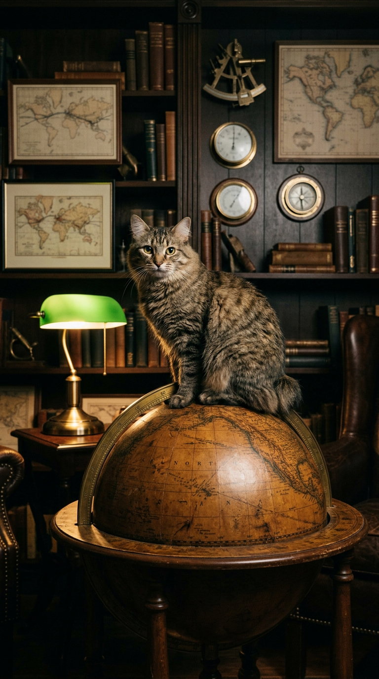 A tabby cat sitting atop an antique globe, surrounded by bookshelves filled with old maps and clocks in a warmly lit library.