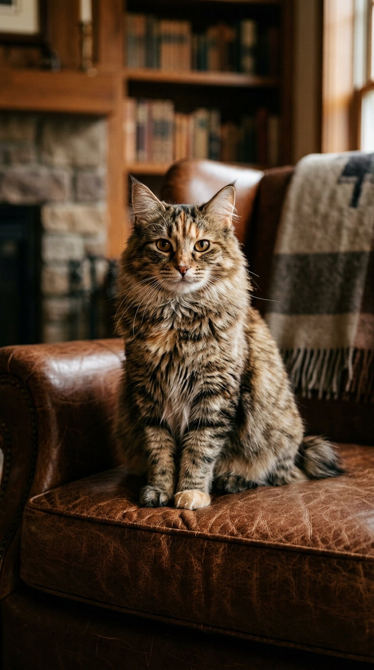 A fluffy tabby cat sitting upright on a leather couch in a warm, rustic room with wooden bookshelves in the background.