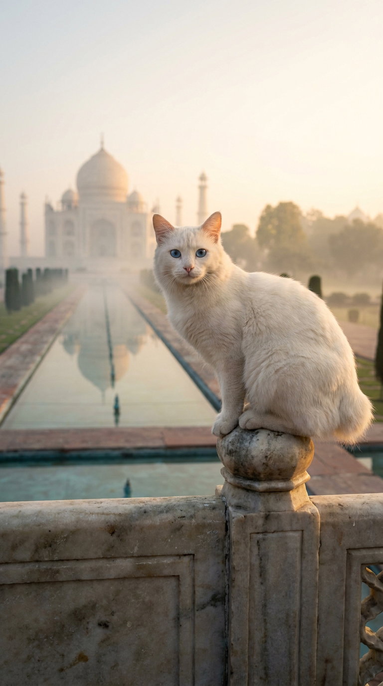A white cat sitting on a stone railing with the Taj Mahal in the background, bathed in soft morning light, reflecting in the water below.