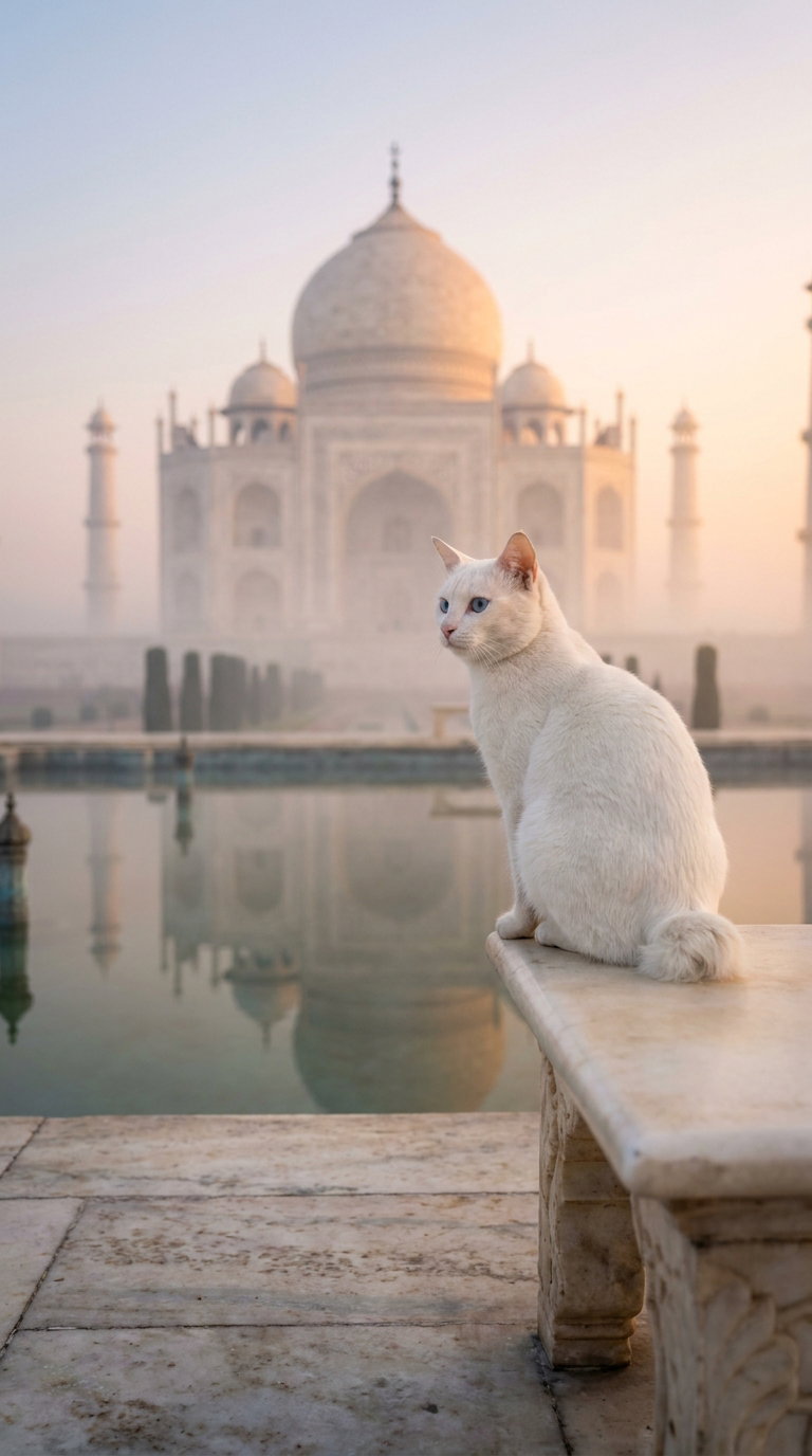 A serene white cat sits on a stone ledge near a reflective pool with the Taj Mahal in the background, bathed in soft morning light and surrounded by mist.