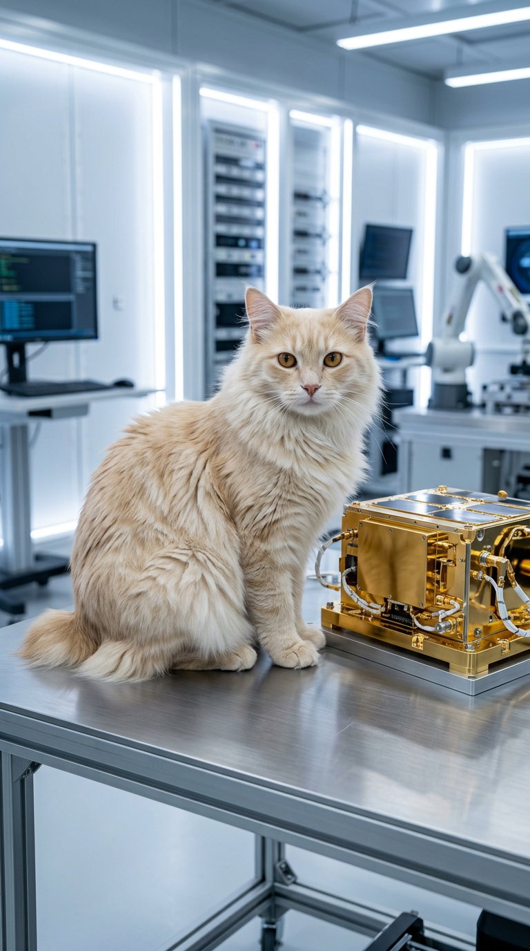 A fluffy cream-colored cat with large ears sitting on a stainless steel table next to a golden electronic device, in a high-tech lab setting.