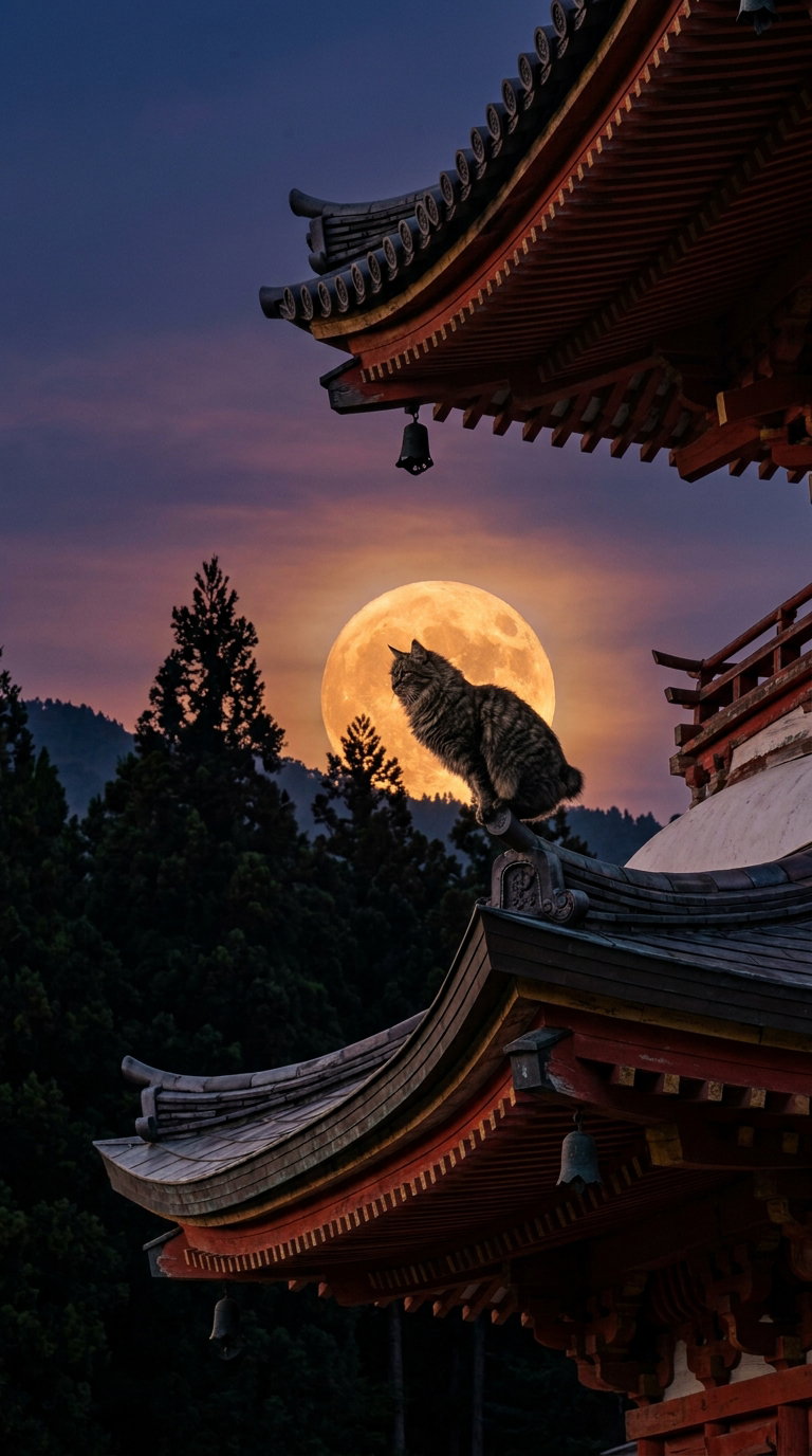 A cat sits on the edge of a roof, silhouetted against a large full moon rising in the background. The setting features traditional Asian architecture and trees are visible in the distance.