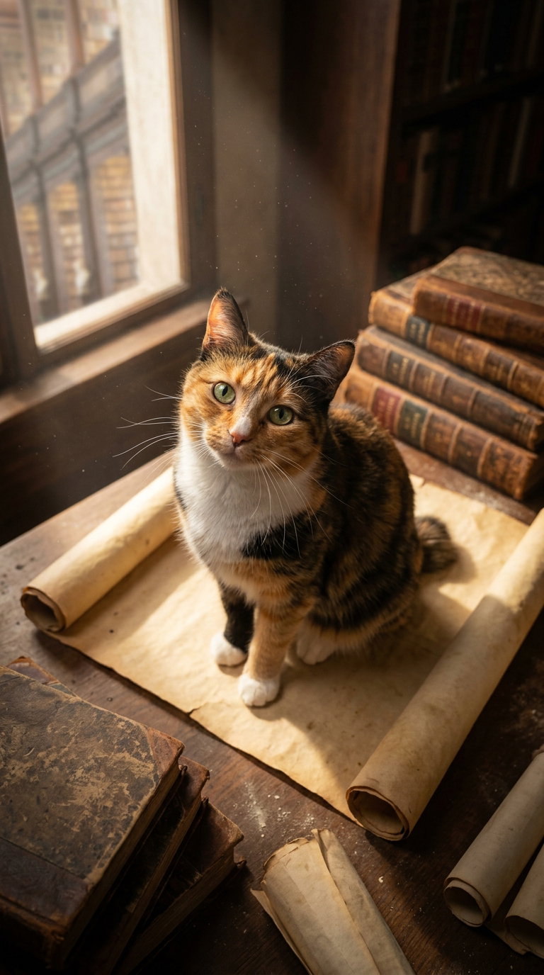 A calico cat sitting on an old parchment next to stacks of antique books, with sunlight streaming in through a window.
