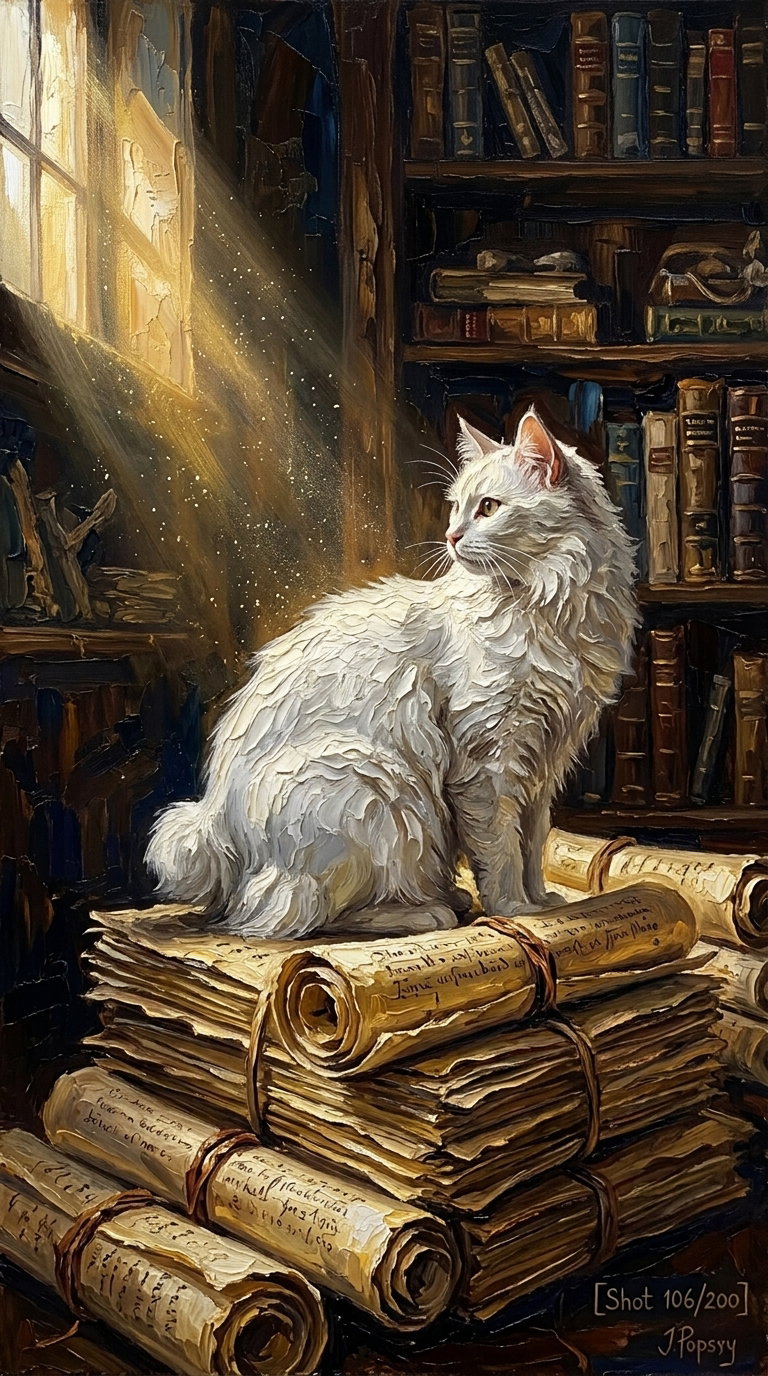 A fluffy white cat sitting atop worn scrolls in a dimly lit library with wooden shelves filled with books.