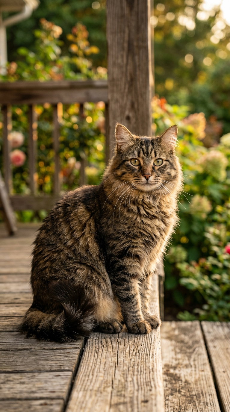 A brown tabby American Bobtail cat sitting on a wooden deck, surrounded by lush green plants and colorful flowers.