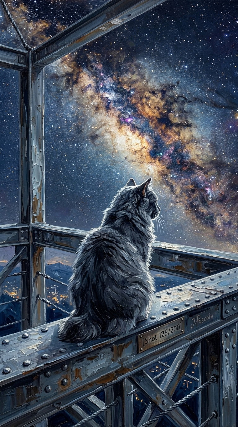 A fluffy American Bobtail cat sits on a metal structure, gazing at a starry night sky filled with a vibrant galaxy.