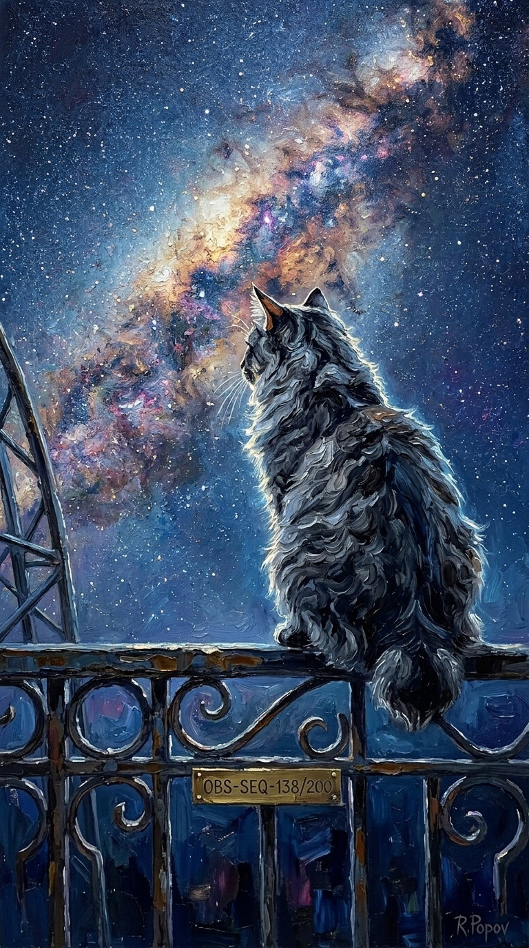 A fluffy grey cat sits on a railing, gazing at a starry night sky filled with galaxies and cosmic colors.
