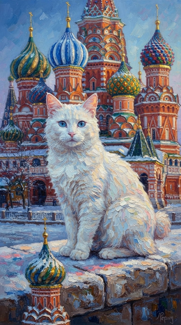 A fluffy white cat with blue eyes sits on a stone wall, with colorful onion domes of a Russian building in the background, surrounded by snow.