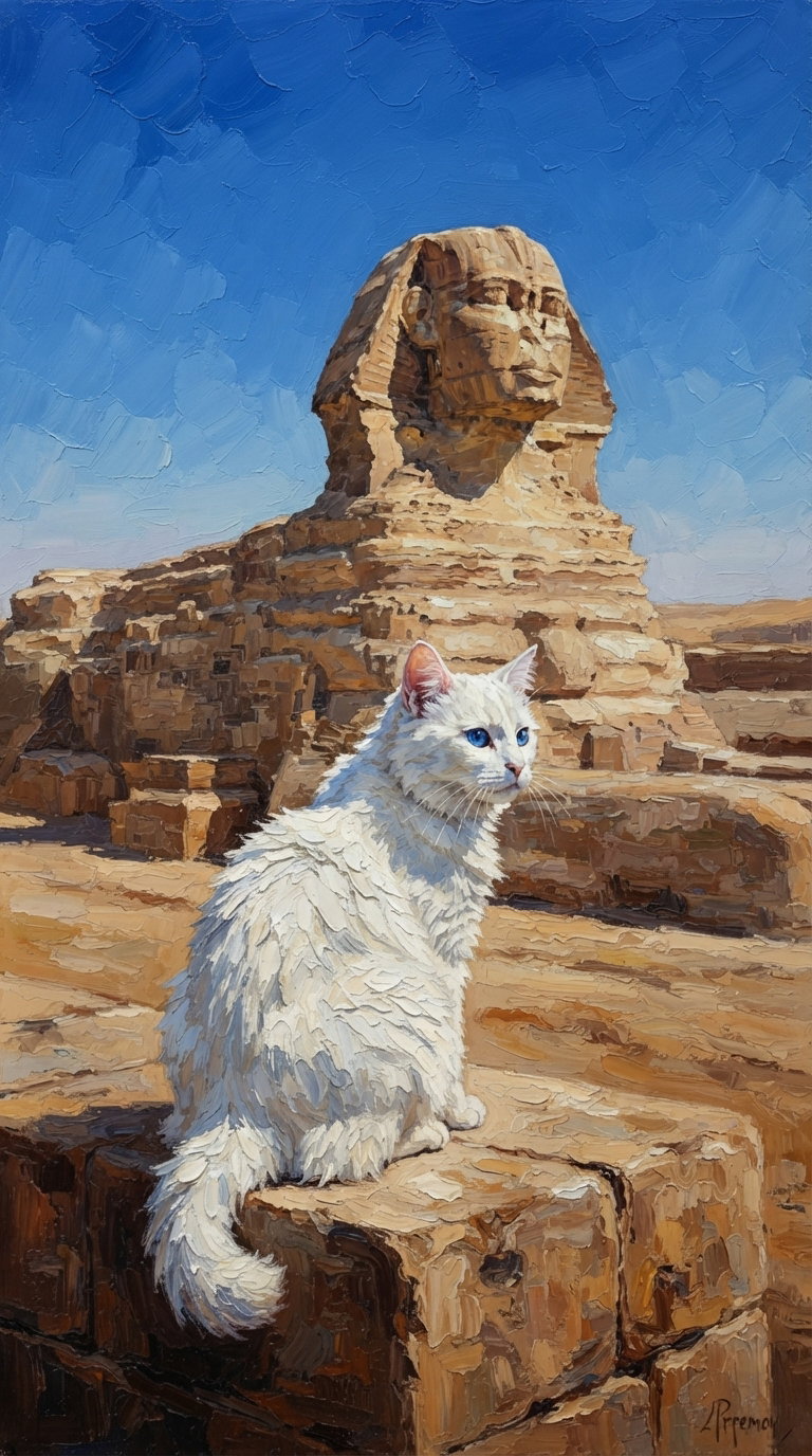 A fluffy white cat with blue eyes sitting on a stone pedestal, overlooking a desert landscape featuring the iconic Sphinx in the background under a clear blue sky.