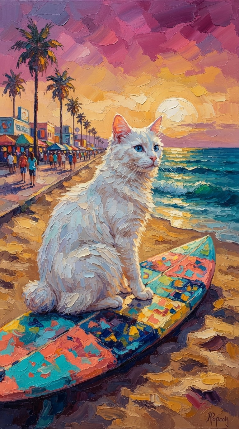 A white cat sitting on a colorful surfboard near the ocean, with a vibrant sunset and palm trees in the background.