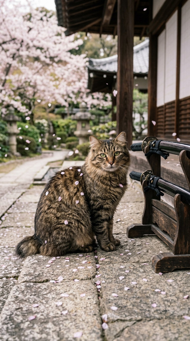 A brown tabby cat sitting on stone pavement, with cherry blossom petals falling around it, in a traditional garden setting.