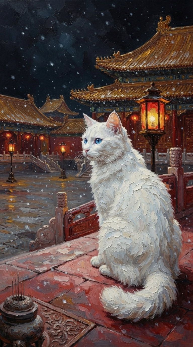 A fluffy white cat sitting on a stone ledge in front of a traditional ornate temple, with lanterns glowing softly in the dark and snow falling gently.