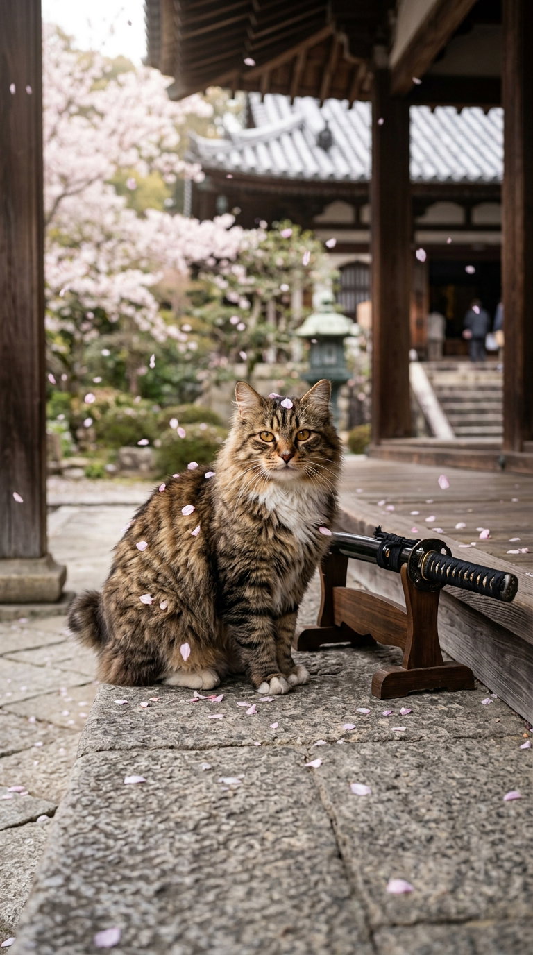 A fluffy cat sitting on a stone step with pink cherry blossom petals falling around it.
