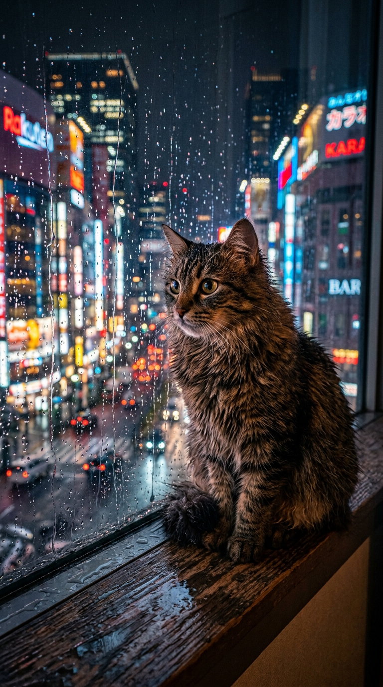 A fluffy brown cat sits on a wooden ledge, looking out a rain-speckled window at a vibrant city nightscape filled with neon lights.