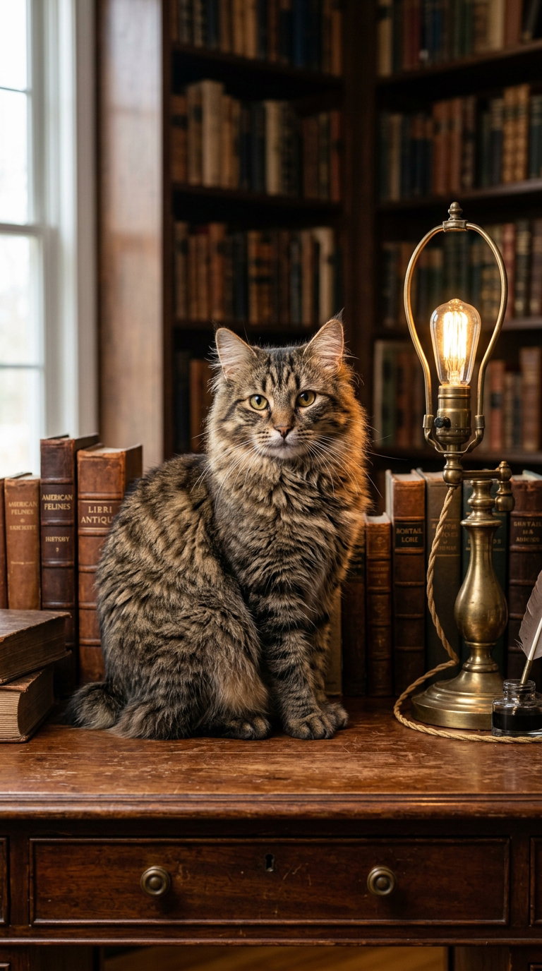 A fluffy American Bobtail cat sitting on a wooden desk in front of a stack of vintage books, with a warm lamp illuminating the scene.