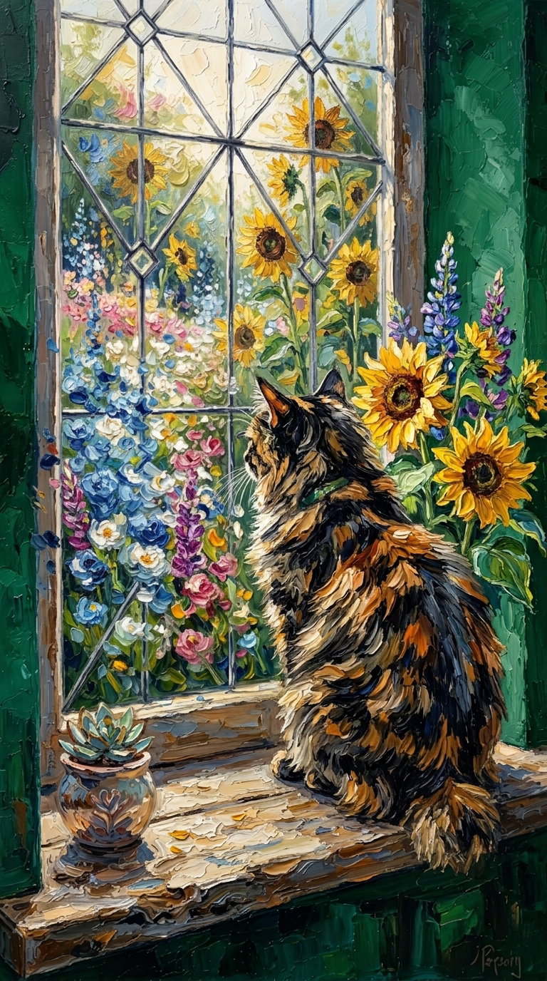 A calico cat sitting on a wooden windowsill, looking out at a garden filled with vibrant flowers and sunflowers, with sunlight streaming through a stained glass window.