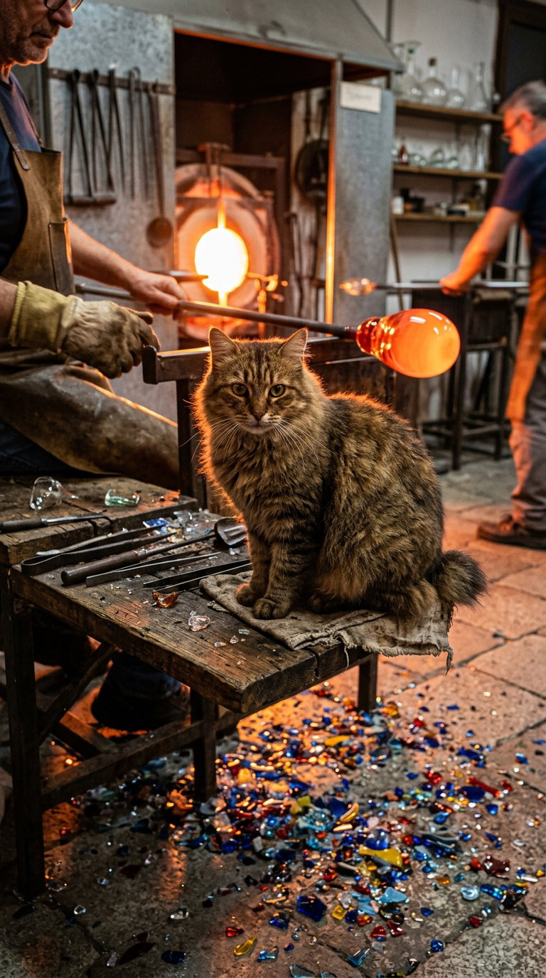 A fluffy cat sitting on a wooden table in a workshop, with glassblowing equipment and colorful glass shards scattered on the floor.