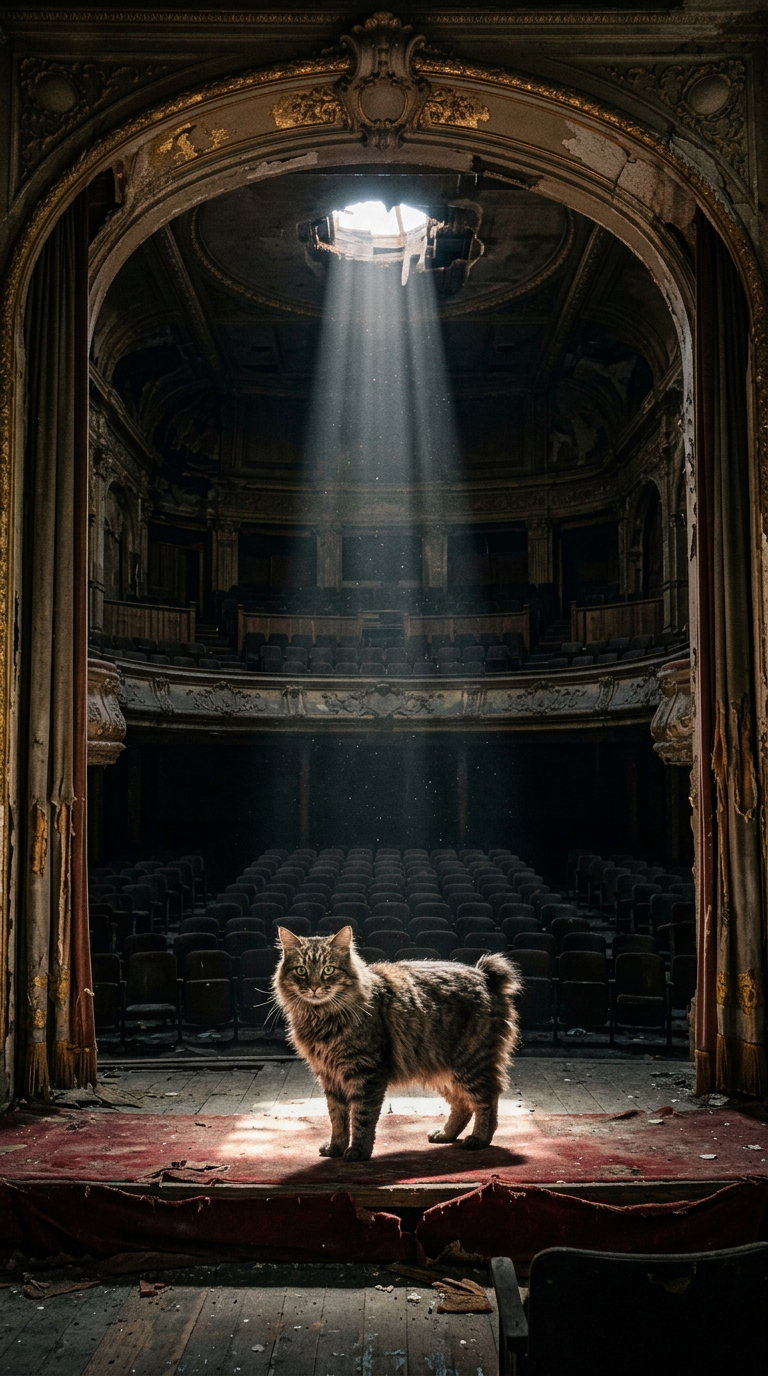 A regal tabby cat stands in an old, dimly lit theater, sunlight streaming down from a broken skylight, illuminating dust particles in the air.