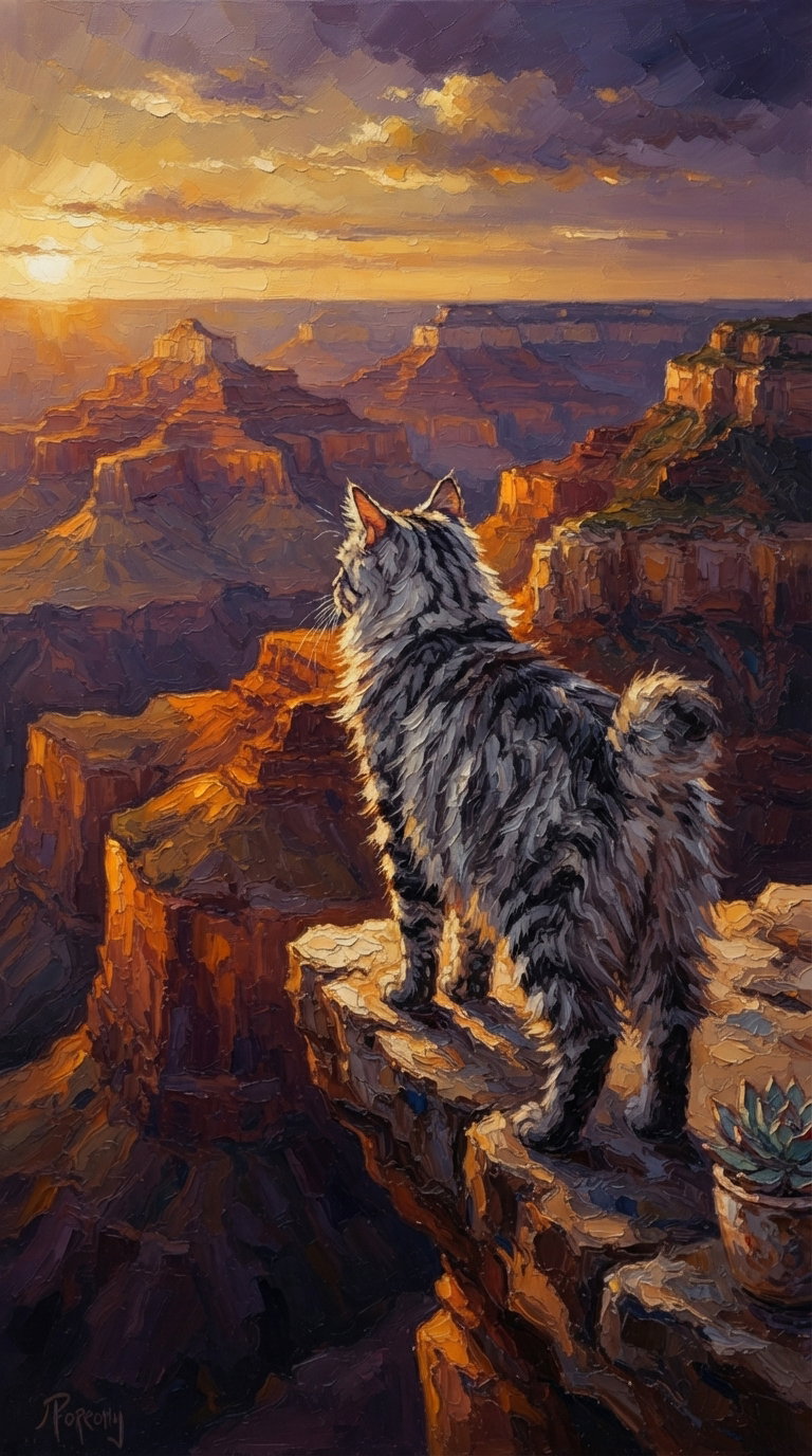 A fluffy bobtail cat stands on the edge of a canyon, gazing out at a vibrant sunset illuminating the red rock formations.