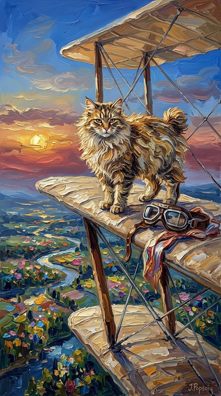 A fluffy cat standing on the wing of a bi-plane, with a sunset and vibrant countryside below.