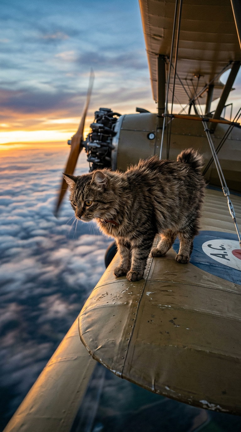 A tabby cat stands confidently on the wing of a vintage biplane, with clouds and a sunset in the background.