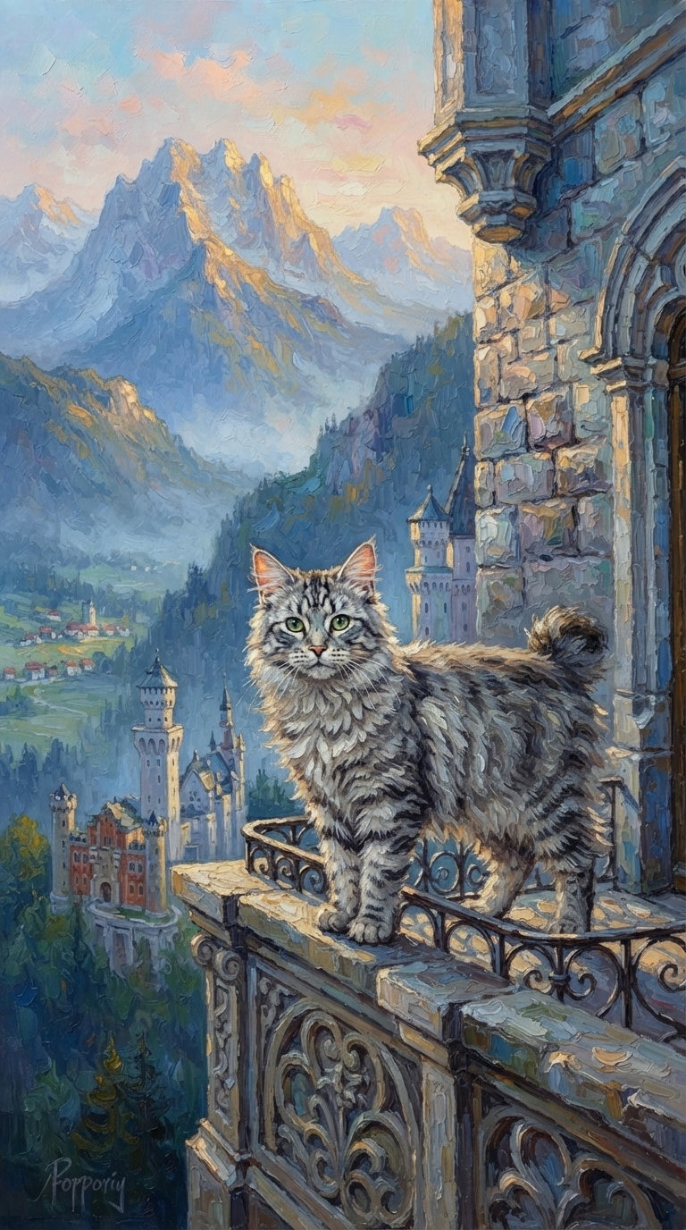 A grey striped cat standing on a balcony with a picturesque mountain view and medieval-style castles in the background.