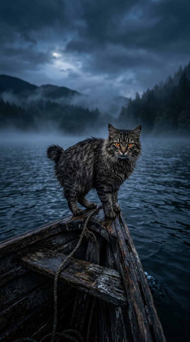 A striped cat with a short tail stands confidently on the edge of a weathered wooden boat, surrounded by a misty lake and dark mountains in the background.