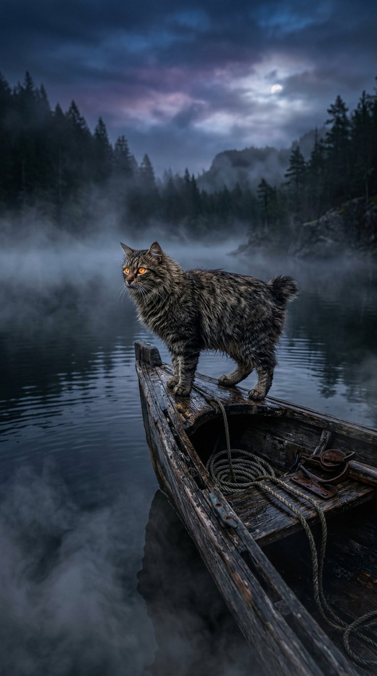 A furry American Bobtail cat standing on a wooden boat in a misty river landscape surrounded by forested hills and a cloudy sky.
