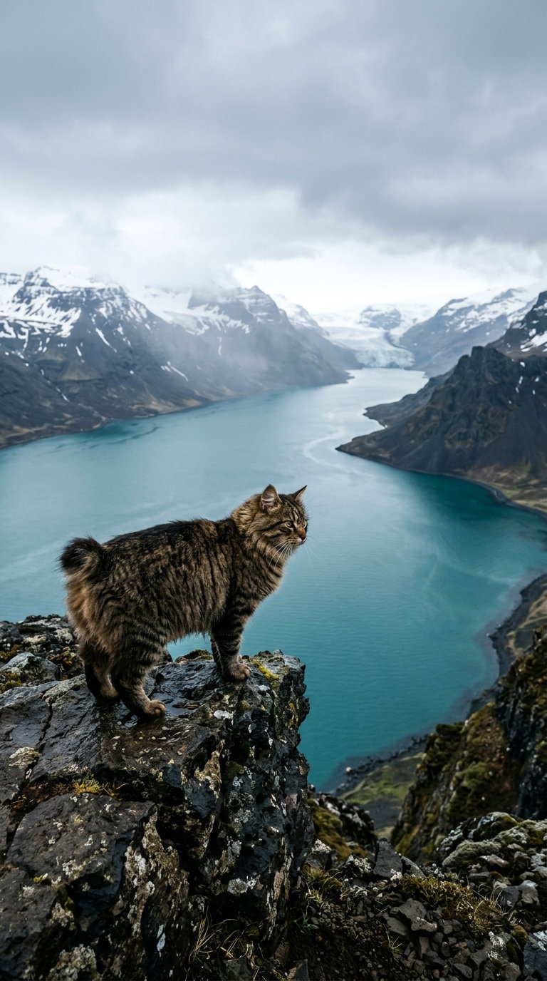 A cat standing on a rocky ledge with mountains and a glacial lake in the background, under a cloudy sky.
